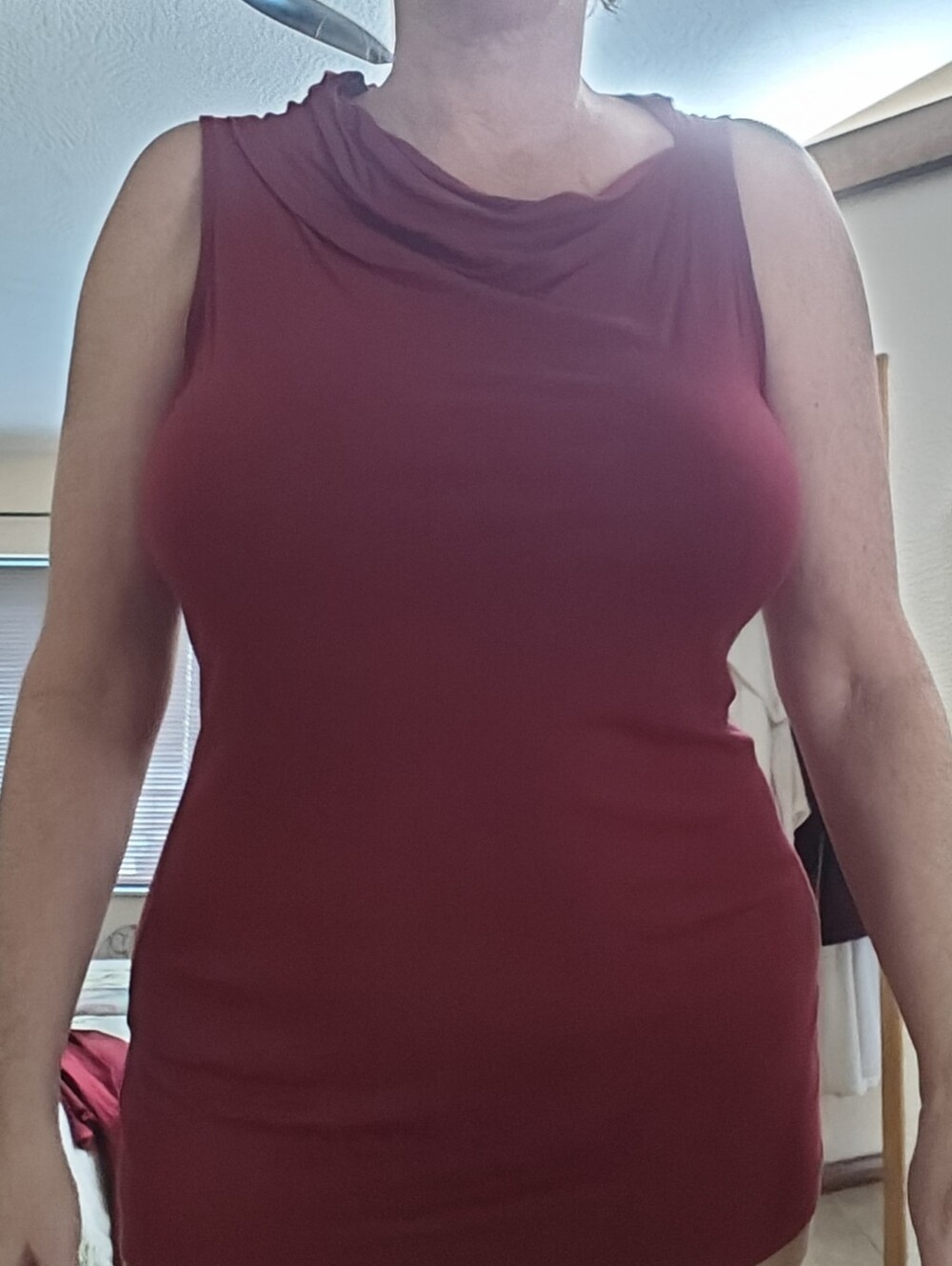 CAbi Sleeveless Drape High Asymmetrical Neck Tank In Rust Red